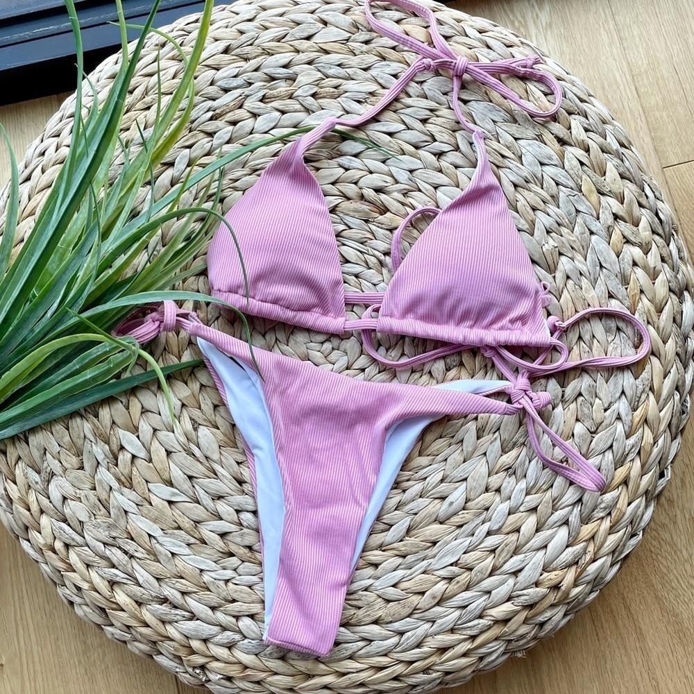 NEW PINK RIBBED TRIANGLE CHEEKY BIKINI - S